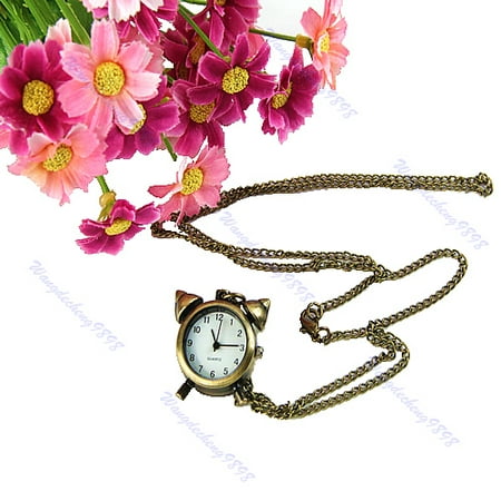 

Bronze Vintage Alarm Clock Shape Necklace Long Chain Pendant Quartz Pocket Watch