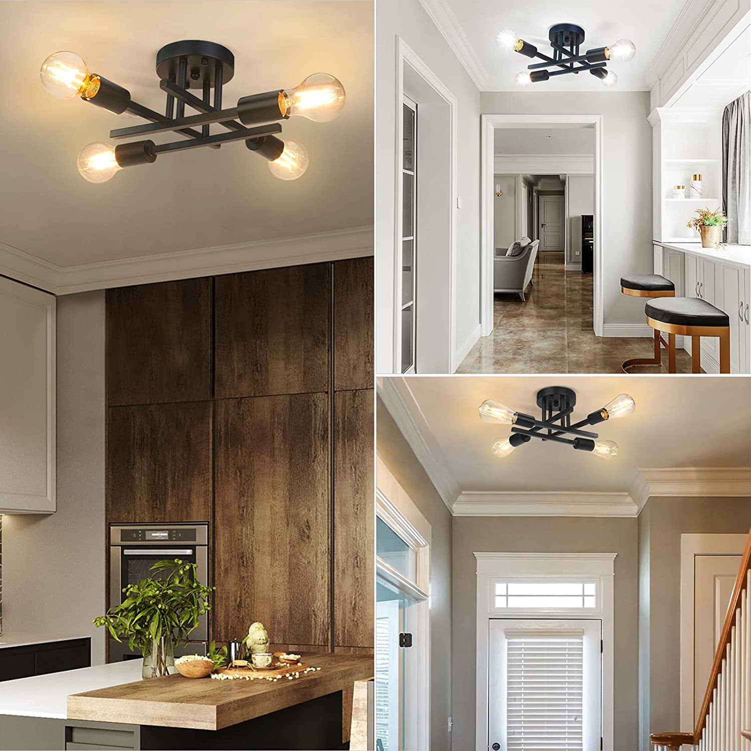 4-Light Semi Flush Mount Light Fixtures Farmhouse Black Light Fixtures Ceiling Mount Close to Ceiling Lighting Chandelier for Kitchen