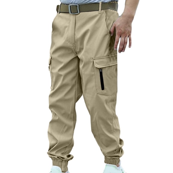 SGFCWSX Mens Waterproof Pants with Multi-Pockets Elastic Waist Outdoor Hiking Cargo Pants Khaki Size 2XL