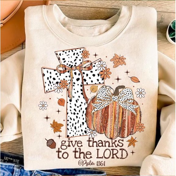 Christian Fall Sweater, Colorful Gold Glitter Pumpkin Pullover, Jesus Cross Sweatshirt, Dalmatian Dots Sweater, Give Thanks to the Lord