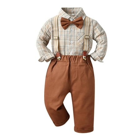 

EHTMSAK Toddler Baby Children Boy 2PCS Bow Tie Shirts and Suspender Pants Set Long Sleeve Clothing Set Outfits Brown 130
