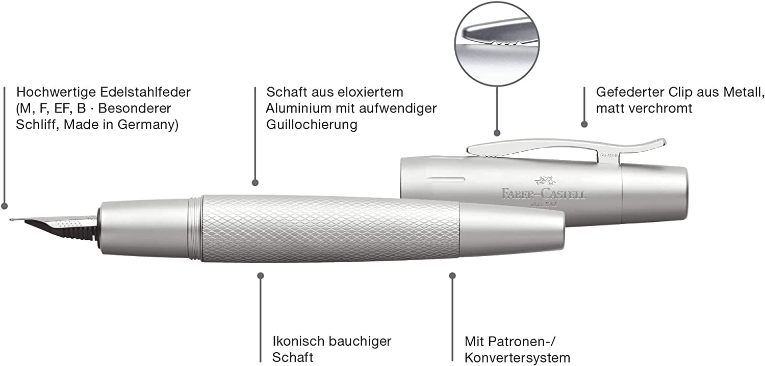 Faber-Castell e-motion Fountain Pen, Pure Silver - Medium - FC-148670
