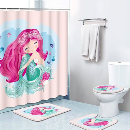 ZHANZZK Cute Mermaid 4 Piece Bathroom Set Shower Curtain Bath Rug Contour Mat and Toilet Lid Cover