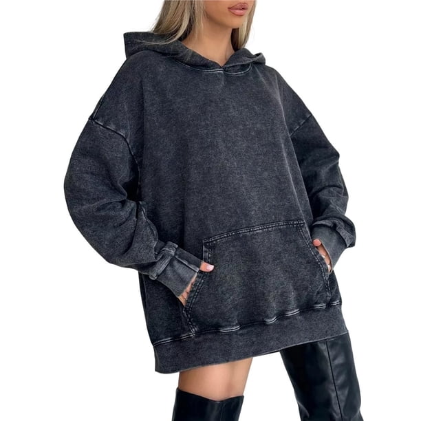 Sudadera con Capucha Vintage de Gran Tamaño para Mujer, de Algodón, Holgada, con Capucha, Estilo Jersey con Lavado Ácido A . Negro Lavado XXL