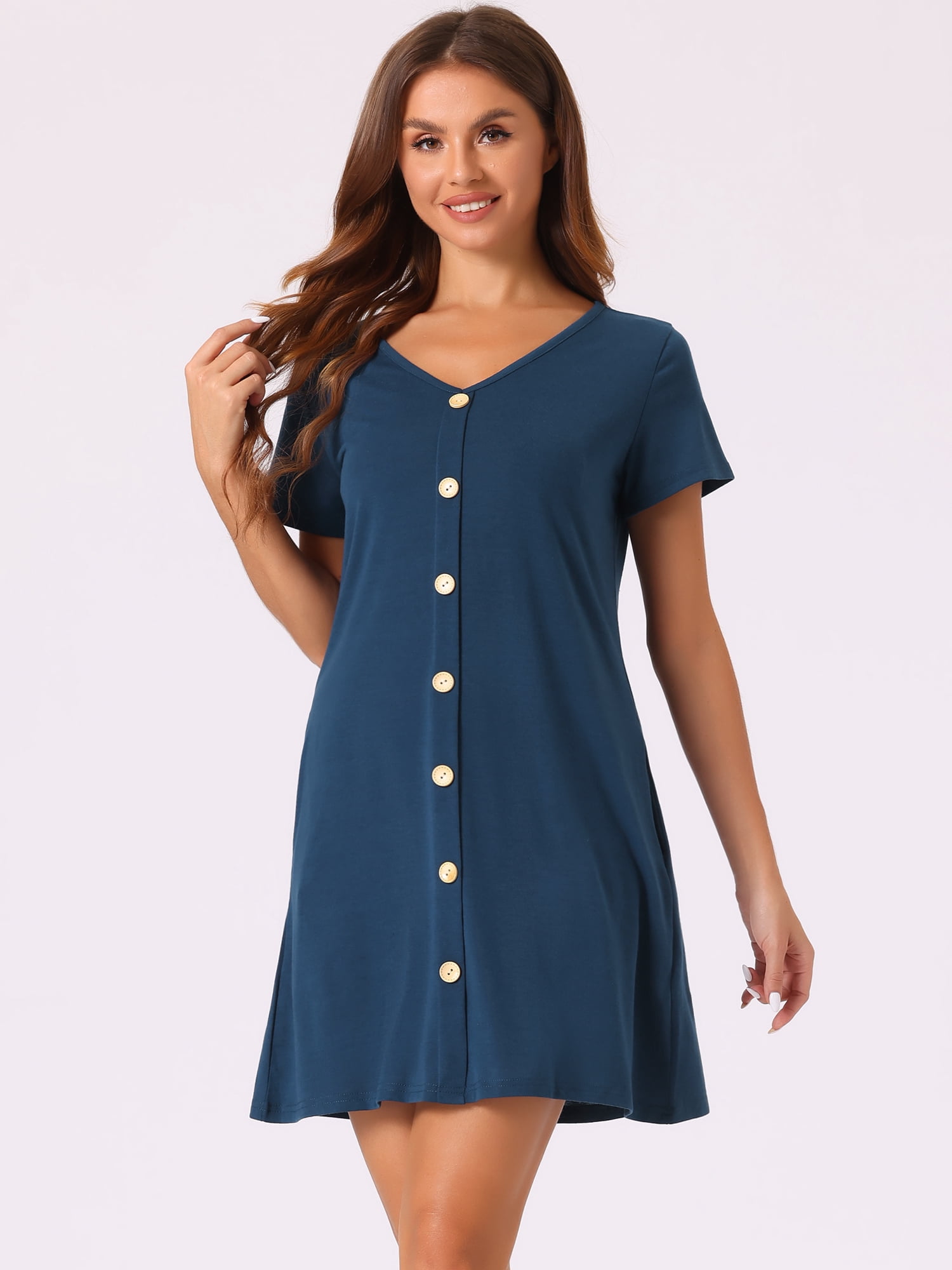 DARING DIVA Women's Button Short Sleeve Soft Short Nightgown XS Navy Blue