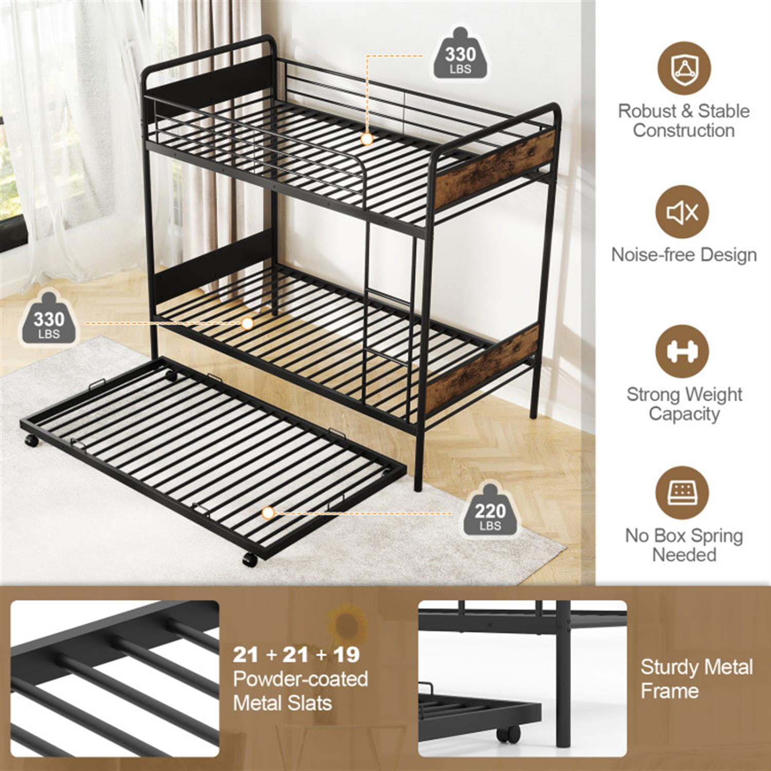 Demi Bonn Twin Over Twin Bunk Bed with Ladder and Full-length Guardrails, Metal Bunkbeds with Trundle for Bedroom, No Box Spring Needed, Black