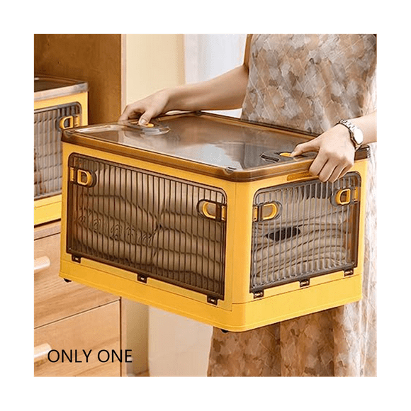 Folding Storage Box with Lid and Latch,Clear Stackable Storage Bins with Wheels, Storage Boxes for Organizing Clothes