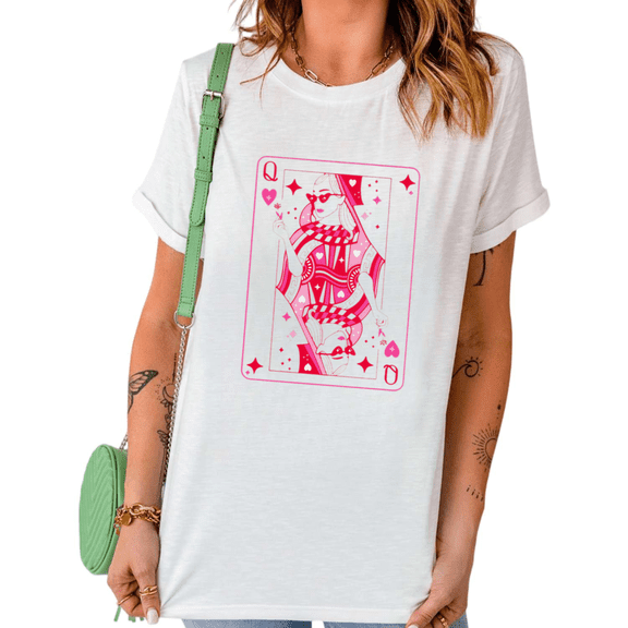 UNISHE Women's Stylish Pink Queen of Hearts Playing Card Graphic Crew Neck Short Sleeve T-Shirt
