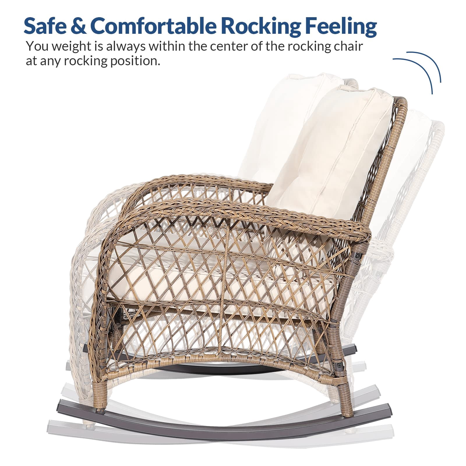 SOCIALCOMFY Wicker Steel Outdoor Rocking Chair with Beige Cushions