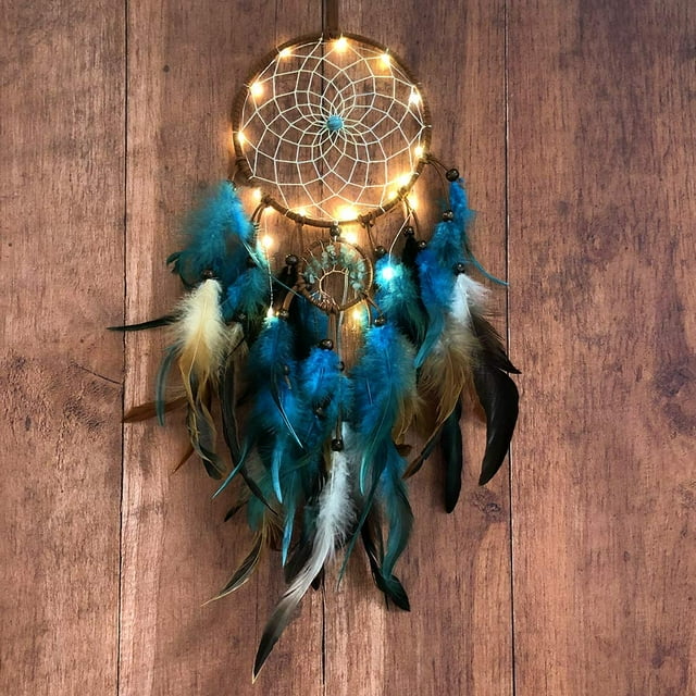Dream Catcher Blue Tree of Life with Feathers, Mobile LED Fairy Lights Handmade Indians Traditional Circular Net for Wall Hanging Decor, Bedroom Kids, Home Decoration Wedding Party Blessing Gift