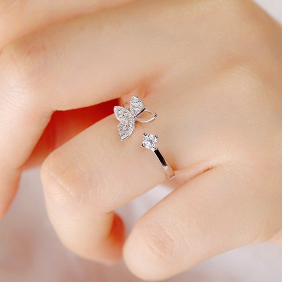 Sterling Silver Butterfly Ring With Diamond Accents Adjustable 925 Silver Women Jewelry Gift For Her Everyday Accessory