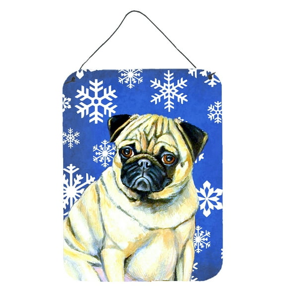 Carolines Treasures LH9297DS1216 Pug Winter Snowflakes Holiday Wall or Door Hanging Prints 12WX16H multicolor