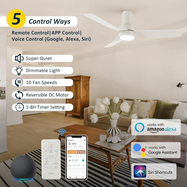 Smaair 44'' Blades Smart Indoor Ceiling Fan with Dimmable LED