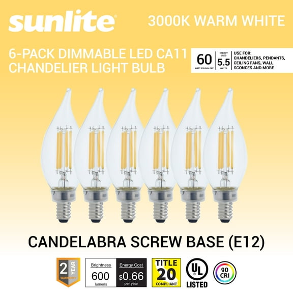 Sunlite LED Filament CA11 Flame Tip Chandelier Light Bulb, 5.5 Watts (60W=), 600 Lumens, Candelabra Base (E12), Edison Style, 90 CRI, Dimmable, UL Listed, 3000K Warm White, 6 Count