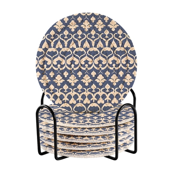 Haosy Set of 6 Drink Woven Coaster with Holder Heat Resistant Non-Slip Bar Coasters 4 Inches Blue Beige Vintage Damask