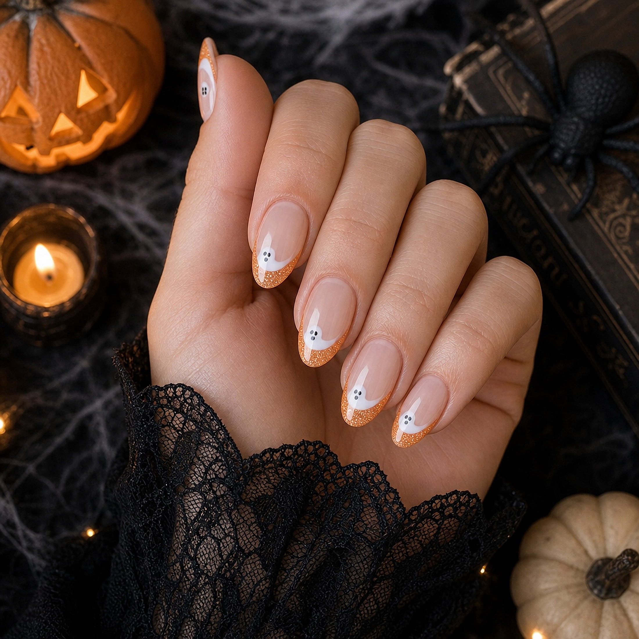 Expressions 24-Pack Self Adhesive Halloween Press-On Nails - Orange Ghosts French Tip