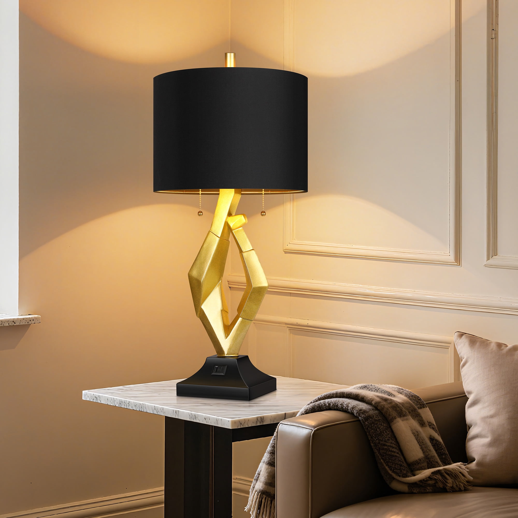 25.5in Gold Nightstand Resin Lamps with Black Shades, Contemporary Table Lamps for Bedside End Tables, 4 Bulbs Included (Gold)