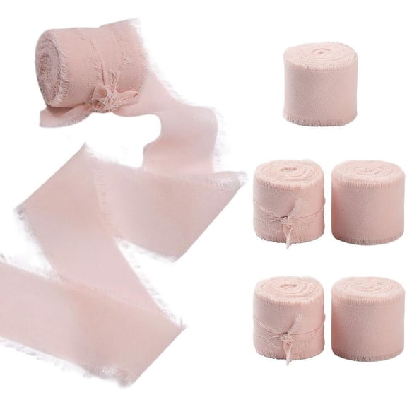 6 Rolls 42 Yards 1.5 Inch Pink Chiffon Ribbon Fringe Ribbons Frayed Edged Boho Silk Raw Ribbons Bulk for Gift Wrapping Wedding Invitations Bridal Bouquets Christmas Flower Bows Making Decor