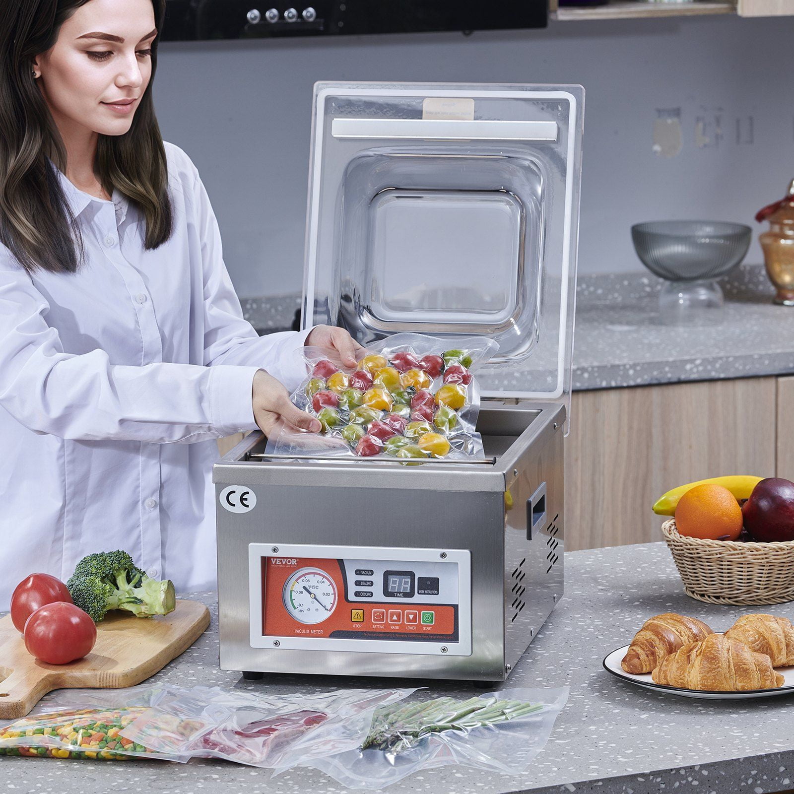 Automatic Chamber Vac Sealer, 6.5 m³/h Pump, DZ-260A Model, Food Saver for Meat & Fruit, 110V