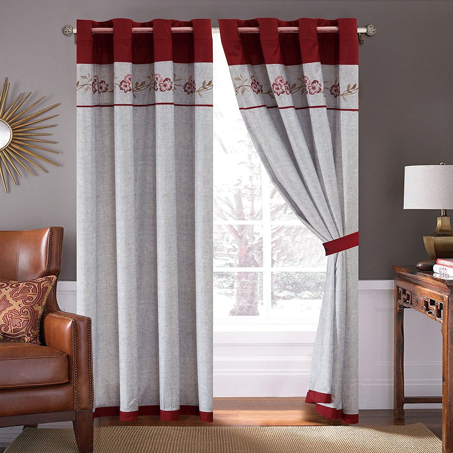 JABA USA 21166-4 Piece Curtain Set. 2 Burgundy Red flower print Design