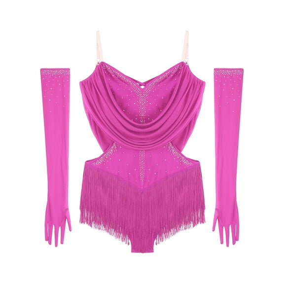 renvena Women's Tassel Dance Leotard Dress Rhinestones Adjustable Straps Latin Jazz Jumsuit with Gloves Dancewear Hot Pink S