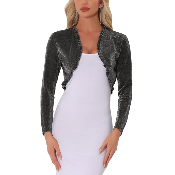 INSPIRE CHIC Chaqueta Bolero Ruffle Brillante de Manga Larga Elegante para Mujer en Negro y Plata S