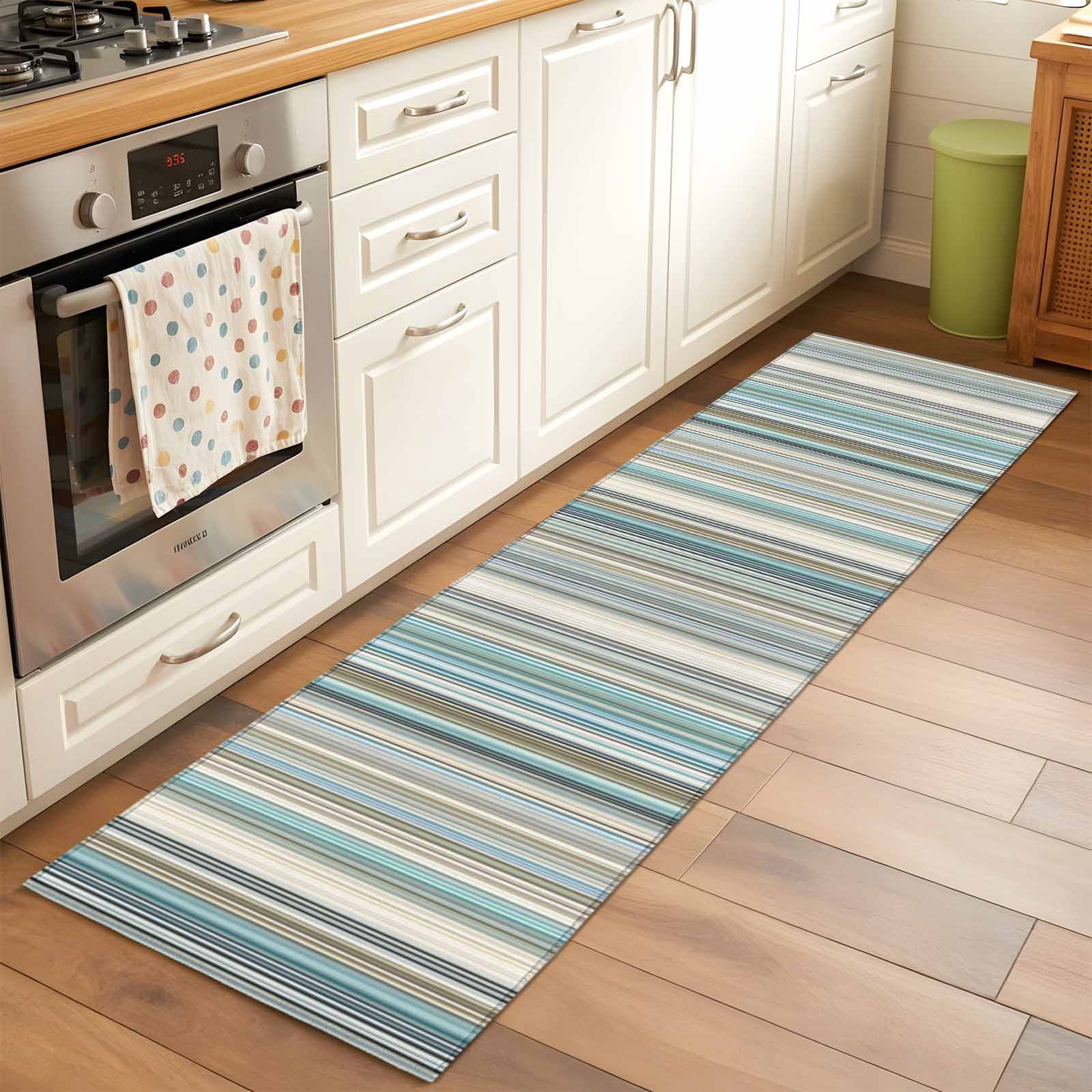 Light Blue Striped 2'x6' Runner Rugs for Hallway Kitchen Bedside Non Slip, Farmhouse Thin Line Modern Abstract Art Entryway Rug Runners with Rubber Backing, Long Carpet Runner for Laundry Room