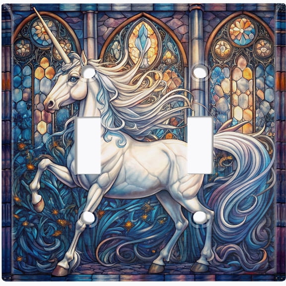 Metal Light Switch Wall Plate Outlet Cover (Printed Image of Stained Glass Unicorn - Double Toggle)