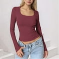 thumbnail image 2 of Womens Long Sleeve Shirts Square Neck Tops Solid Color Basic Base Layer Crop Tops Fall Outfits Fashion Clothes Wine XS, 2 of 5