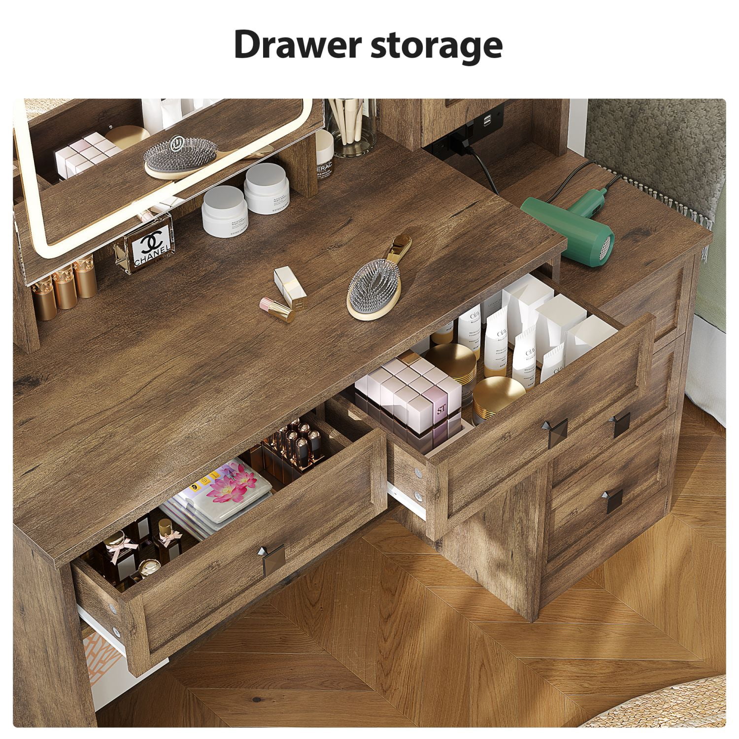 Farmhouse Vanity Desk with Mirror and Lights, Makeup Vanity Set with Lights & Jewelry Cabinet & 5 Drawers, Vanity Table with Charging Station, Hidden Storage Space for Bedroom, Brown