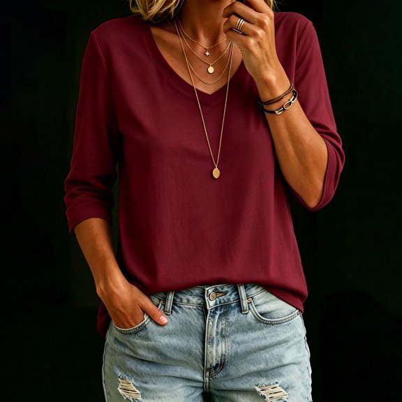 3/4 Length Sleeve Womens Tops Versatile Color V Neck 3/4 Sleeve Loose T Shirt Top