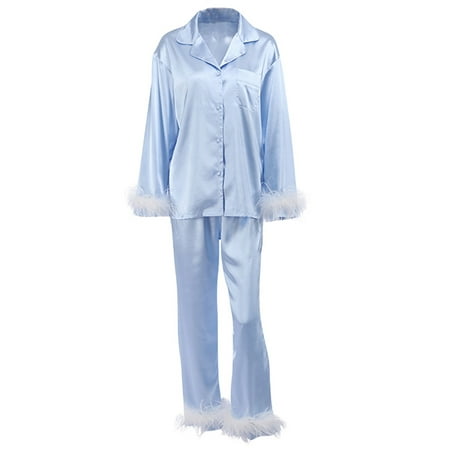 

AMILIEe Women Long Sleeve Feather Trim Sleepsuit Pajamas Set 2-Piece S M L XL
