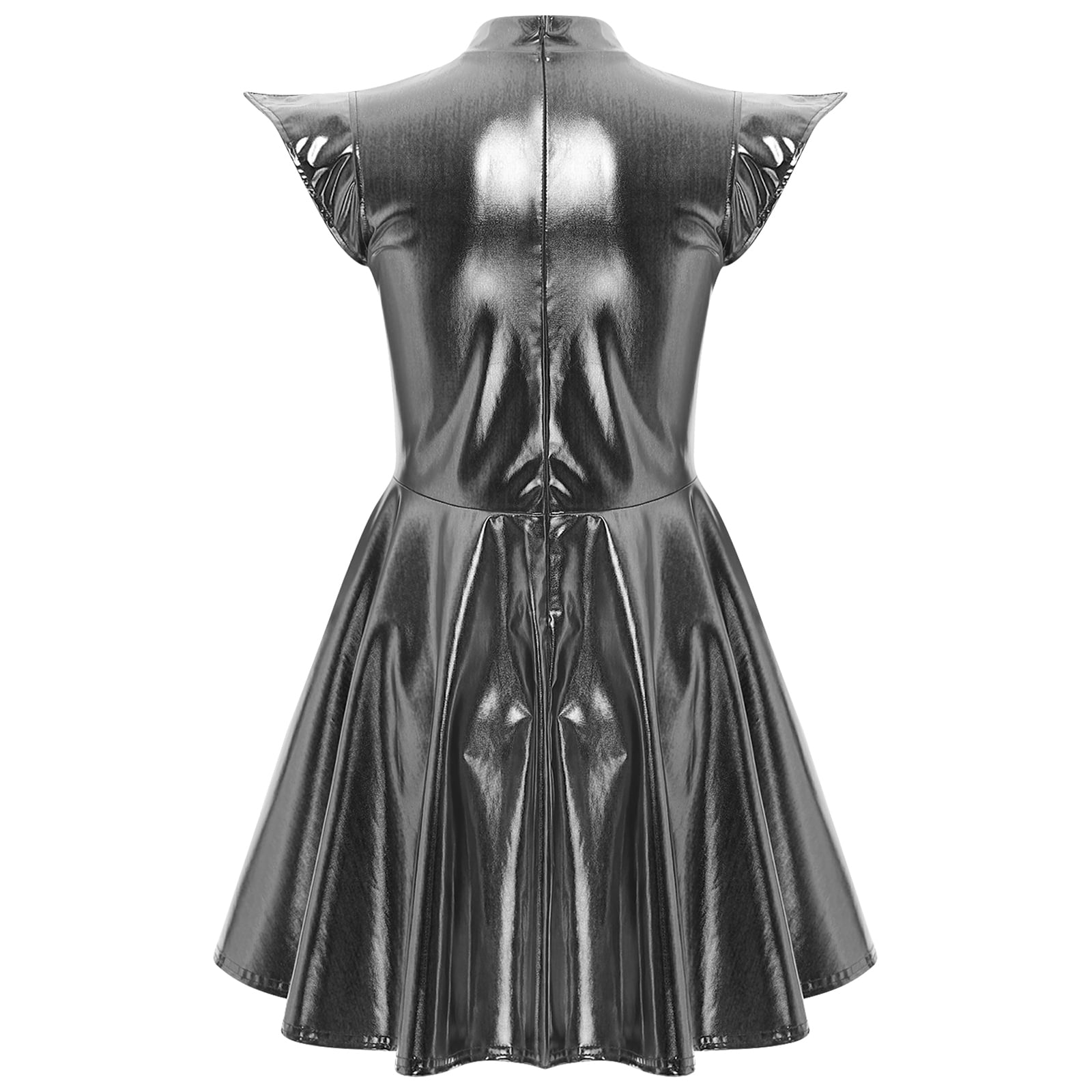 iiniim Women Shiny Metallic Holographic High Waisted Flare Skater Dress Carnival Party Grey S