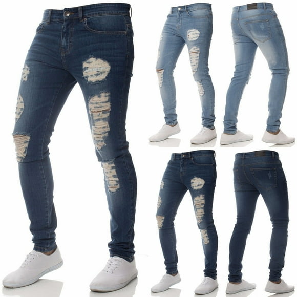 Mens Stretch Ripped Skinny Jeans Distressed Frayed Slim Fit Biker Denim Pants