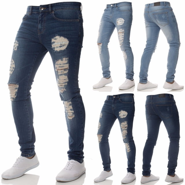 Mens Stretch Ripped Skinny Jeans Distressed Frayed Slim Fit Biker Denim Pants
