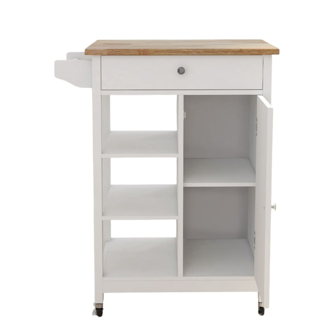 Gzxs Kitchen Island, Small Rolling Kitchen Cart with Open Storage Shelves, Dining Serving Utility Trolley on Wheels with Drawer & Cabinet, Towel Rack, Rubberwood Top, White+Natural