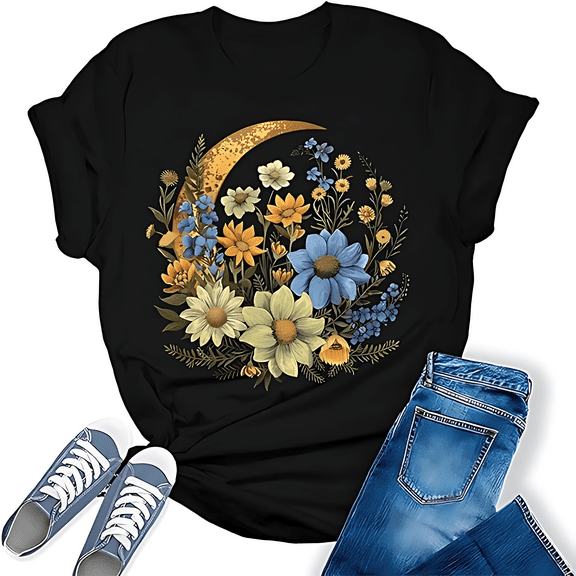 Vintage Women Boho Floral Moon Graphic T Shirt Funny Colorful Wildflowers Girl Short Sleeve Botanical Tee Tops