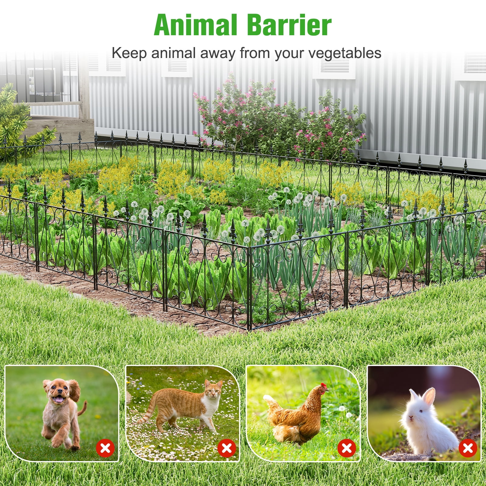 Kinbor 5 Panels Decorative Garden Fence Border Metal Garden Fencing Animal Barrier for Dogs Flower Edging for Yard, Black