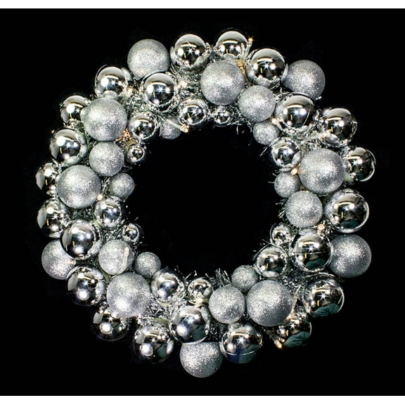 16" Silver Ball Wreath with Battery Powered Warm White LEDs