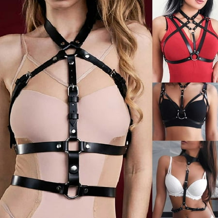

WGOUP Women Leather Lingerie Goth Straps Sexy Body Bra Handmade Leather Underwear Black(Buy 2 Get 1 Free)