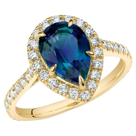 PEORA 3.25 Carats Created Alexandrite Lab Grown Diamond Ring in 14K Yellow Gold, Color-Changing Pear Shape, Size 6