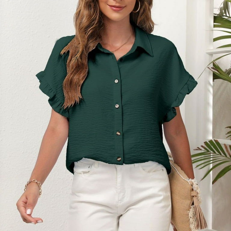 YYDGH Women Ruffle Short Sleeve Button Down Shirts V Neck Collared Casual  Office Blouse Tops Green L