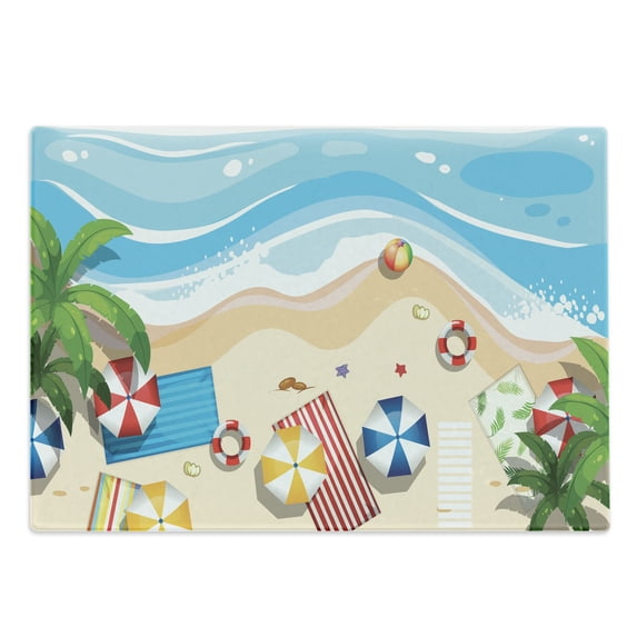 Graphic Beach Cutting Board, Aerial View Cartoon of Summer Holiday Fun with Parasols and Towels with Ocean, Decorative Tempered Glass Cutting and Serving Board, in 3 Sizes, by Ambesonne