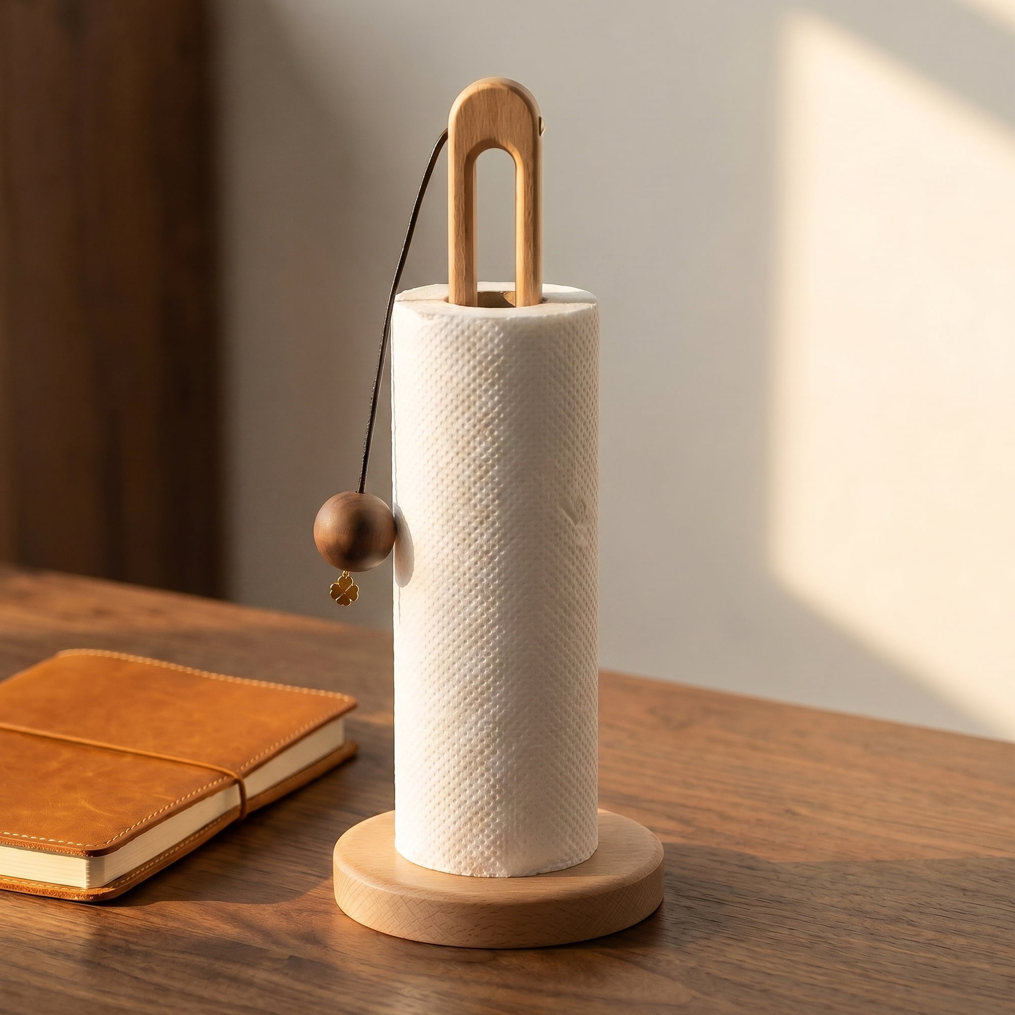 Unique Bargains Paper Towel Holder Countertop Modern Base Wood Pendant 12.2x5.1inch
