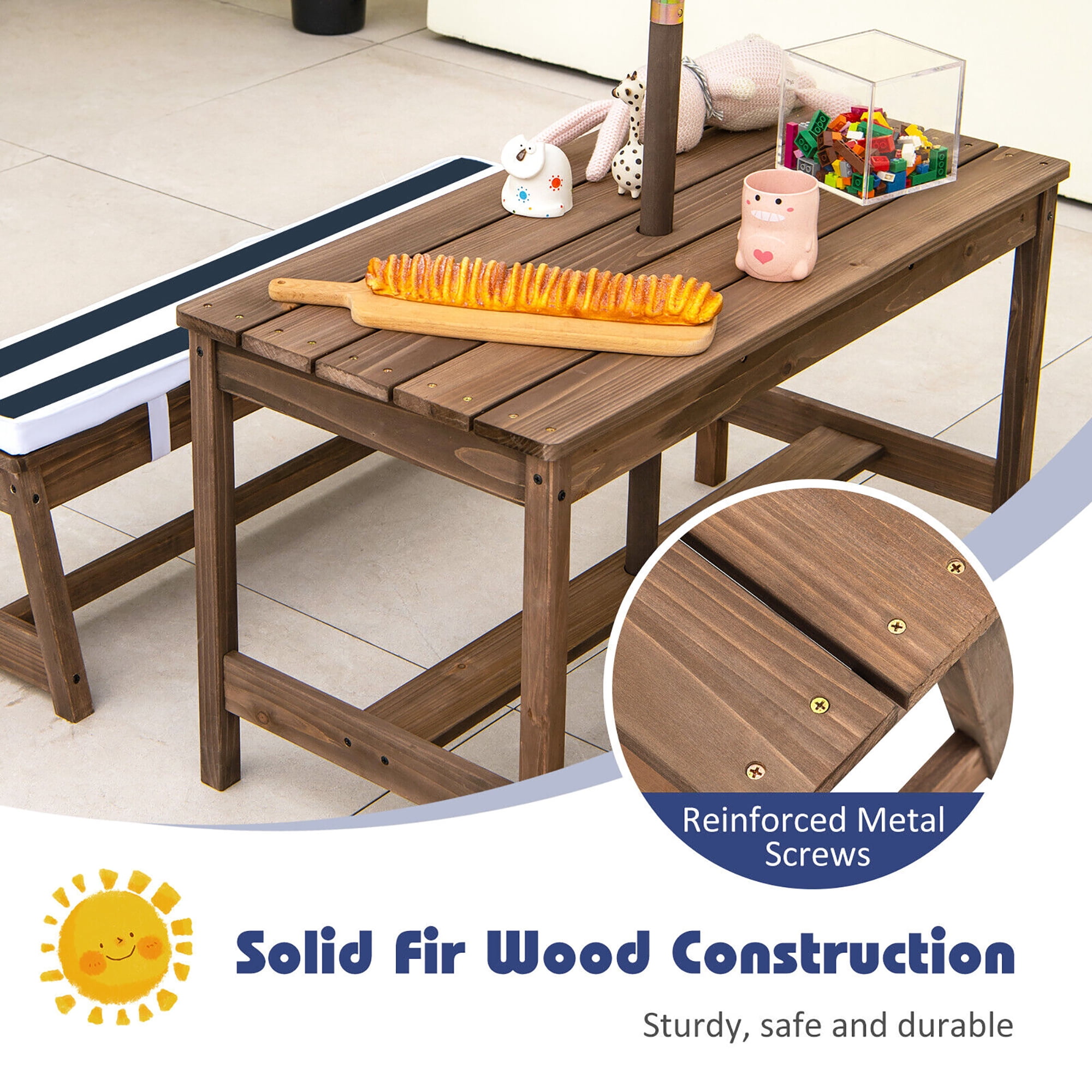 Gymax Kids Wood Picnic Table and Bench Set w/ Cushions Umbrella for Indoor Outdoor Blue
