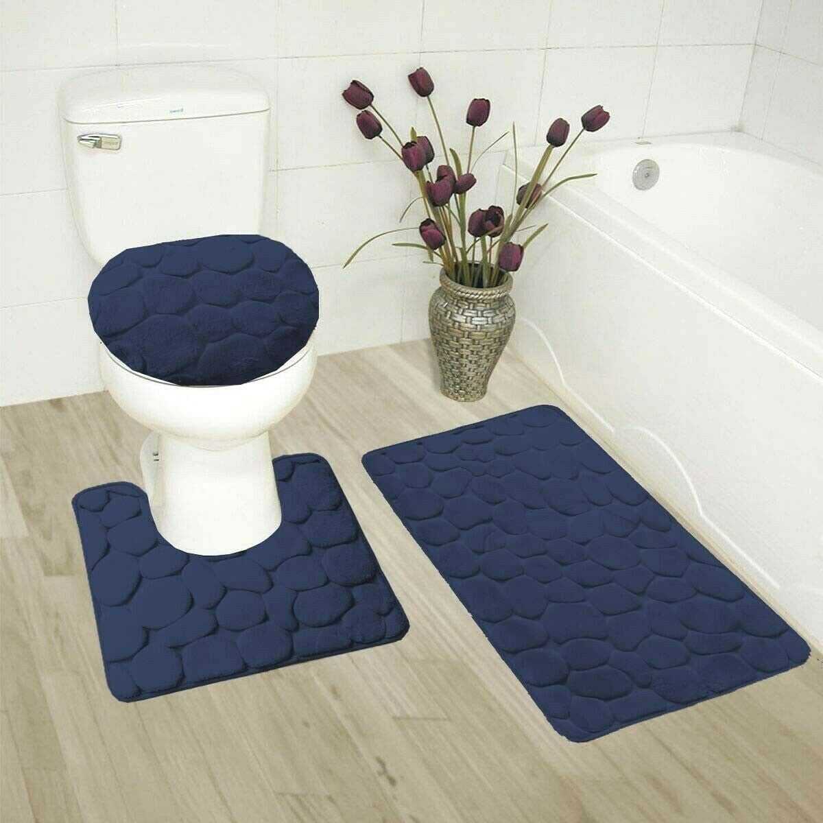 Luxury 3PC  Soft Shaggy Bath Set Bath Mat Toilet Cover Contour Striped Design 