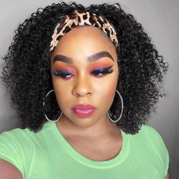 JOFMWIX Headband Wig Human Hair Deep Wave 8 Inch Glueless None Lace Front Wigs Machine Made Half Wigs for Black Women 150% Density Curly Headband Wigs Human Hair Natural Color