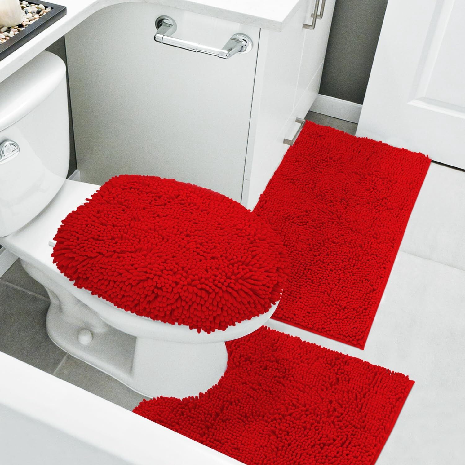 Chenille Bath Mat Set – 3-Piece Plush Bathroom Rugs with U-Shaped Toilet Mat & Lid Cover, Water-Absorbent, Soft and Durable, Red Color