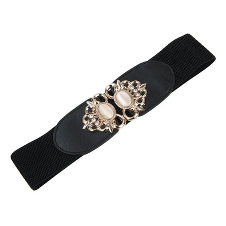 - Premium Medallion Rhinestones Buckle Wide Elastic Stretch Waist Belt Waistband