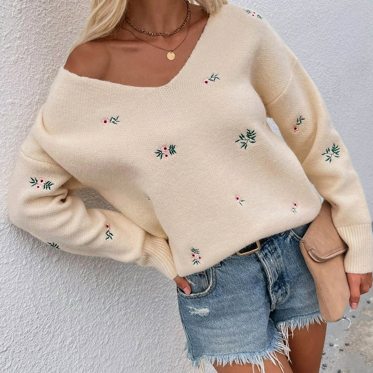 VSSSJ Women s Fall Winter Flowers Embroidery Casual Soft Knitted Sweaters Long Sleeve V Neck Loose Fit Cozy Pullover Sweater Tops Beige XL